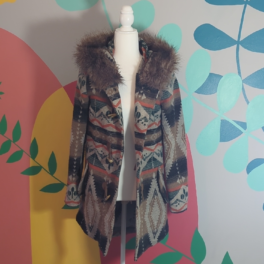 Tribal Pattern Coat with Faux Fur Hood
